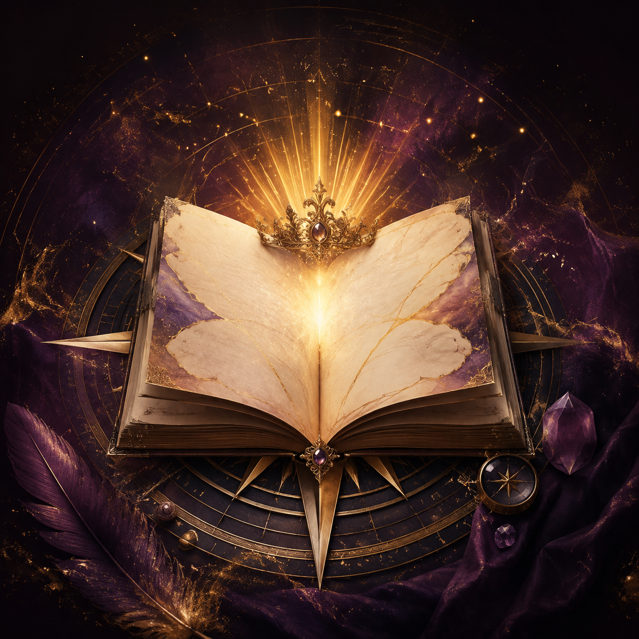 A luminous open vision journal resting over a golden compass