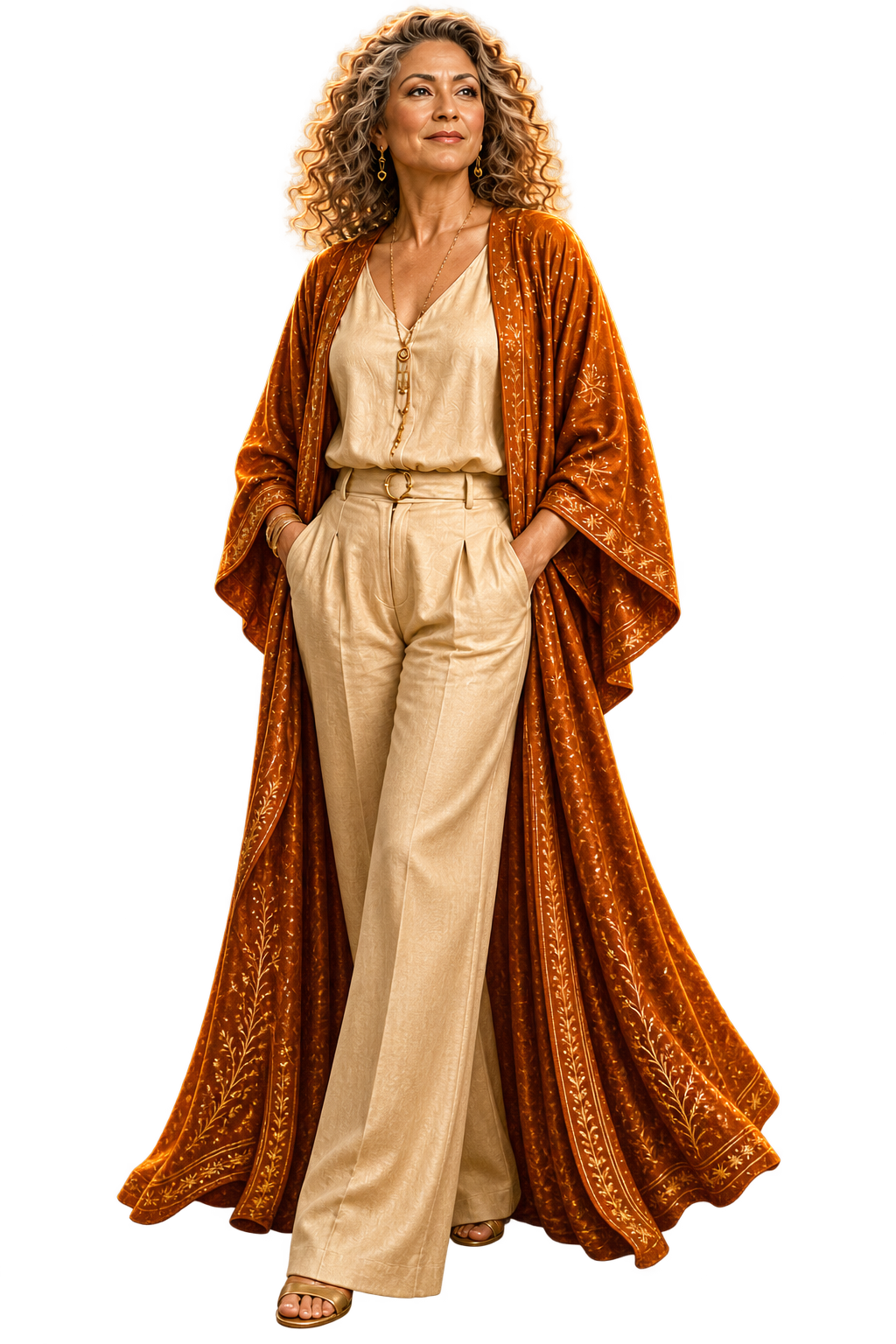 A confident sovereign woman standing fully expressed in warm golden light